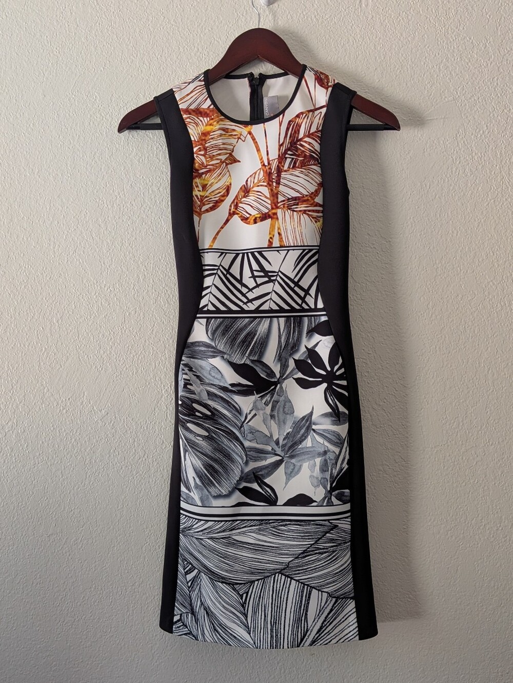 Clover Canyon Scuba Bodycon Sleeveless Midi Dress Gold Black Leaf Print Size XS